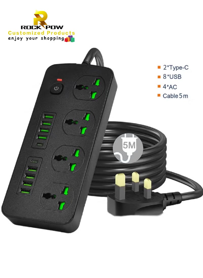 Rock Pow 5meters Surge Protector Power Strip Flat Plug Extension Cord With 4 Outlets And 8 USB Ports And 2 Type-C Ports,5M Power Cord(3000W/16A/110V-265V)PC Flame Retardant Material,Pure Copper Core - Image 1